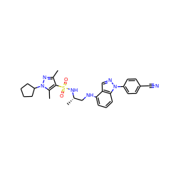 Cc1nn(C2CCCC2)c(C)c1S(=O)(=O)N[C@@H](C)CNc1cccc2c1cnn2-c1ccc(C#N)cc1 ZINC000137426337