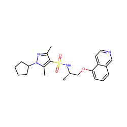 Cc1nn(C2CCCC2)c(C)c1S(=O)(=O)N[C@@H](C)COc1cccc2cnccc12 ZINC000169341701