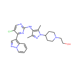 Cc1nn(C2CCN(CCO)CC2)c(C)c1Nc1ncc(Cl)c(-c2cnn3ccccc23)n1 ZINC000653884670