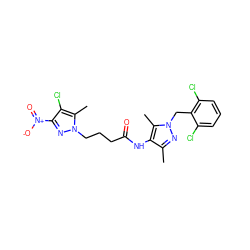 Cc1nn(Cc2c(Cl)cccc2Cl)c(C)c1NC(=O)CCCn1nc([N+](=O)[O-])c(Cl)c1C ZINC000008682550