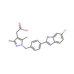 Cc1nn(Cc2ccc(-c3cc4ccc(Cl)cc4[nH]3)cc2)c(C)c1CC(=O)O ZINC000147661973