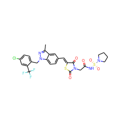 Cc1nn(Cc2ccc(Cl)cc2C(F)(F)F)c2ccc(/C=C3\SC(=O)N(CC(=O)NS(=O)(=O)N4CCCC4)C3=O)cc12 ZINC000164148554