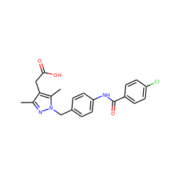 Cc1nn(Cc2ccc(NC(=O)c3ccc(Cl)cc3)cc2)c(C)c1CC(=O)O ZINC000141202929