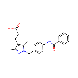 Cc1nn(Cc2ccc(NC(=O)c3ccccc3)cc2)c(C)c1CCC(=O)O ZINC000168929857