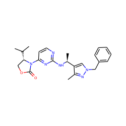 Cc1nn(Cc2ccccc2)cc1[C@H](C)Nc1nccc(N2C(=O)OC[C@@H]2C(C)C)n1 ZINC000142149473