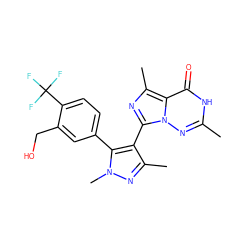 Cc1nn2c(-c3c(C)nn(C)c3-c3ccc(C(F)(F)F)c(CO)c3)nc(C)c2c(=O)[nH]1 ZINC001772634530