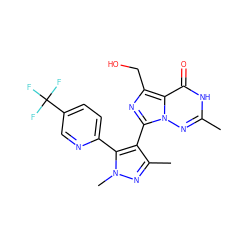 Cc1nn2c(-c3c(C)nn(C)c3-c3ccc(C(F)(F)F)cn3)nc(CO)c2c(=O)[nH]1 ZINC001772594158