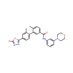 Cc1nnc(-c2ccc(-c3cc(C(=O)Nc4cccc(N5CCOCC5)c4)ccc3C)c(C)c2)o1 ZINC000040429518