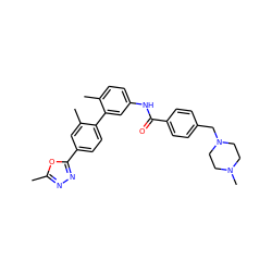 Cc1nnc(-c2ccc(-c3cc(NC(=O)c4ccc(CN5CCN(C)CC5)cc4)ccc3C)c(C)c2)o1 ZINC000040975401