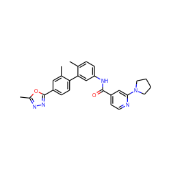 Cc1nnc(-c2ccc(-c3cc(NC(=O)c4ccnc(N5CCCC5)c4)ccc3C)c(C)c2)o1 ZINC000038941486