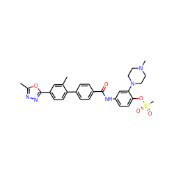 Cc1nnc(-c2ccc(-c3ccc(C(=O)Nc4ccc(OS(C)(=O)=O)c(N5CCN(C)CC5)c4)cc3)c(C)c2)o1 ZINC000027564216