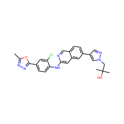 Cc1nnc(-c2ccc(Nc3cc4cc(-c5cnn(CC(C)(C)O)c5)ccc4cn3)c(Cl)c2)o1 ZINC000207728376