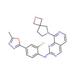 Cc1nnc(-c2ccc(Nc3ncc4ccnc(N5CCC6(COC6)C5)c4n3)c(Cl)c2)o1 ZINC000223697889