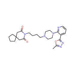 Cc1nnc(-c2cccnc2N2CCN(CCCCN3C(=O)CC4(CCCC4)CC3=O)CC2)o1 ZINC000027706758