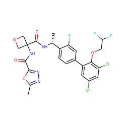 Cc1nnc(C(=O)NC2(C(=O)N[C@H](C)c3ccc(-c4cc(Cl)cc(Cl)c4OCC(F)F)cc3F)COC2)o1 ZINC000169710399