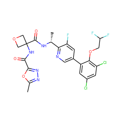 Cc1nnc(C(=O)NC2(C(=O)N[C@H](C)c3ncc(-c4cc(Cl)cc(Cl)c4OCC(F)F)cc3F)COC2)o1 ZINC000169710400