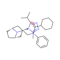 Cc1nnc(C(C)C)n1[C@@H]1C[C@@H]2CC[C@H](C1)N2CCN(C(=O)C1CCCCC1)c1ccccc1 ZINC000101137151