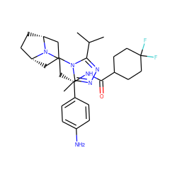 Cc1nnc(C(C)C)n1C1C[C@@H]2CC[C@H](C1)N2CC[C@H](NC(=O)C1CCC(F)(F)CC1)c1ccc(N)cc1 ZINC000169328264