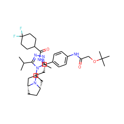 Cc1nnc(C(C)C)n1C1C[C@@H]2CC[C@H](C1)N2CC[C@H](NC(=O)C1CCC(F)(F)CC1)c1ccc(NC(=O)COC(C)(C)C)cc1 ZINC000261174383