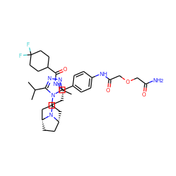 Cc1nnc(C(C)C)n1C1C[C@@H]2CC[C@H](C1)N2CC[C@H](NC(=O)C1CCC(F)(F)CC1)c1ccc(NC(=O)COCC(N)=O)cc1 ZINC000261149015