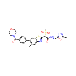 Cc1nnc(CNC(=O)[C@@H](c2nc3cc(C)c(-c4ccc(C(=O)N5CCOCC5)cc4)cc3s2)S(C)(=O)=O)o1 ZINC000143929488