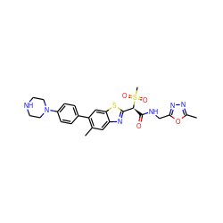 Cc1nnc(CNC(=O)[C@@H](c2nc3cc(C)c(-c4ccc(N5CCNCC5)cc4)cc3s2)S(C)(=O)=O)o1 ZINC000144105520