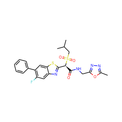 Cc1nnc(CNC(=O)[C@@H](c2nc3cc(F)c(-c4ccccc4)cc3s2)S(=O)(=O)CC(C)C)o1 ZINC000144108356