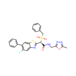 Cc1nnc(CNC(=O)[C@@H](c2nc3cc(F)c(-c4ccccc4)cc3s2)S(=O)(=O)Cc2ccccc2)o1 ZINC000144187895