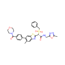 Cc1nnc(CNC(=O)[C@H](c2nc3cc(C)c(-c4ccc(C(=O)N5CCOCC5)cc4)cc3s2)S(=O)(=O)Cc2ccccc2)o1 ZINC000222075363