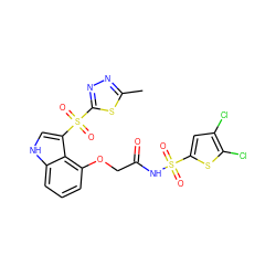 Cc1nnc(S(=O)(=O)c2c[nH]c3cccc(OCC(=O)NS(=O)(=O)c4cc(Cl)c(Cl)s4)c23)s1 ZINC000049872052