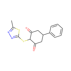 Cc1nnc(SC2C(=O)CC(c3ccccc3)CC2=O)s1 ZINC000299830457