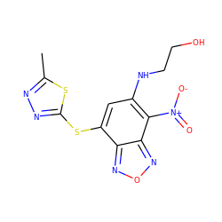 Cc1nnc(Sc2cc(NCCO)c([N+](=O)[O-])c3nonc23)s1 ZINC000013521000