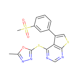 Cc1nnc(Sc2ncnc3scc(-c4cccc(S(C)(=O)=O)c4)c23)o1 ZINC000114806222