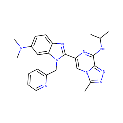 Cc1nnc2c(NC(C)C)nc(-c3nc4ccc(N(C)C)cc4n3Cc3ccccn3)cn12 ZINC000209401045