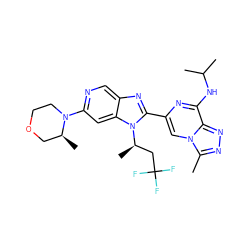 Cc1nnc2c(NC(C)C)nc(-c3nc4cnc(N5CCOC[C@@H]5C)cc4n3[C@H](C)CC(F)(F)F)cn12 ZINC001772624823