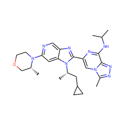 Cc1nnc2c(NC(C)C)nc(-c3nc4cnc(N5CCOC[C@H]5C)cc4n3[C@@H](C)CC3CC3)cn12 ZINC001772607663