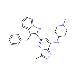 Cc1nnc2c(NC3CCN(C)CC3)cc(-c3[nH]c4ccccc4c3Cc3ccccc3)nn12 ZINC001772611762