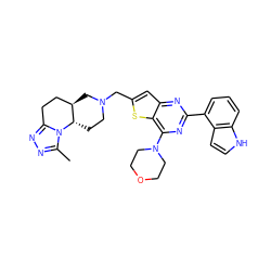 Cc1nnc2n1[C@H]1CCN(Cc3cc4nc(-c5cccc6[nH]ccc56)nc(N5CCOCC5)c4s3)C[C@@H]1CC2 ZINC001772630897