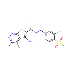 Cc1nnc2sc(C(=O)NCc3ccc(S(C)(=O)=O)c(F)c3)c(N)c2c1C ZINC000221811515