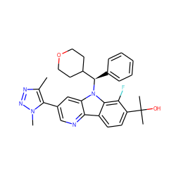 Cc1nnn(C)c1-c1cnc2c3ccc(C(C)(C)O)c(F)c3n([C@H](c3ccccc3)C3CCOCC3)c2c1 ZINC001772611695