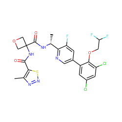 Cc1nnsc1C(=O)NC1(C(=O)N[C@H](C)c2ncc(-c3cc(Cl)cc(Cl)c3OCC(F)F)cc2F)COC1 ZINC000169710402