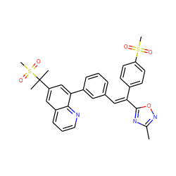 Cc1noc(/C(=C/c2cccc(-c3cc(C(C)(C)S(C)(=O)=O)cc4cccnc34)c2)c2ccc(S(C)(=O)=O)cc2)n1 ZINC000003964061