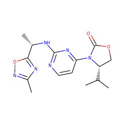 Cc1noc([C@H](C)Nc2nccc(N3C(=O)OC[C@@H]3C(C)C)n2)n1 ZINC000142084070