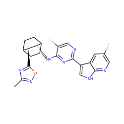 Cc1noc([C@H]2C3CCC(CC3)[C@@H]2Nc2nc(-c3c[nH]c4ncc(F)cc34)ncc2F)n1 ZINC000299861986