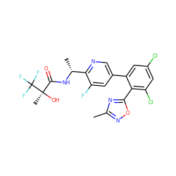 Cc1noc(-c2c(Cl)cc(Cl)cc2-c2cnc([C@@H](C)NC(=O)[C@@](C)(O)C(F)(F)F)c(F)c2)n1 ZINC000029128527