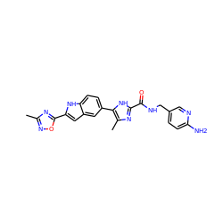 Cc1noc(-c2cc3cc(-c4[nH]c(C(=O)NCc5ccc(N)nc5)nc4C)ccc3[nH]2)n1 ZINC000115836796