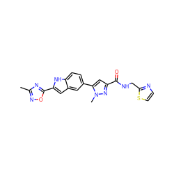 Cc1noc(-c2cc3cc(-c4cc(C(=O)NCc5nccs5)nn4C)ccc3[nH]2)n1 ZINC000115831547