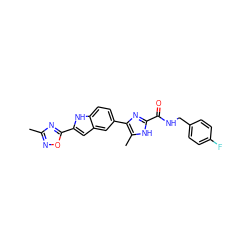 Cc1noc(-c2cc3cc(-c4nc(C(=O)NCc5ccc(F)cc5)[nH]c4C)ccc3[nH]2)n1 ZINC000115831974