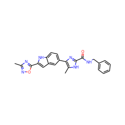 Cc1noc(-c2cc3cc(-c4nc(C(=O)NCc5ccccc5)[nH]c4C)ccc3[nH]2)n1 ZINC000115832661