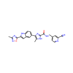 Cc1noc(-c2cc3cc(-c4nc(C(=O)NCc5ccnc(C#N)c5)[nH]c4C)ccc3[nH]2)n1 ZINC000115833868